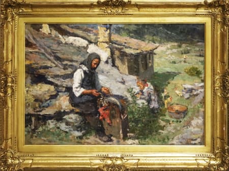 Leonardo Bazzaro — Malga alpina con madre e bimba